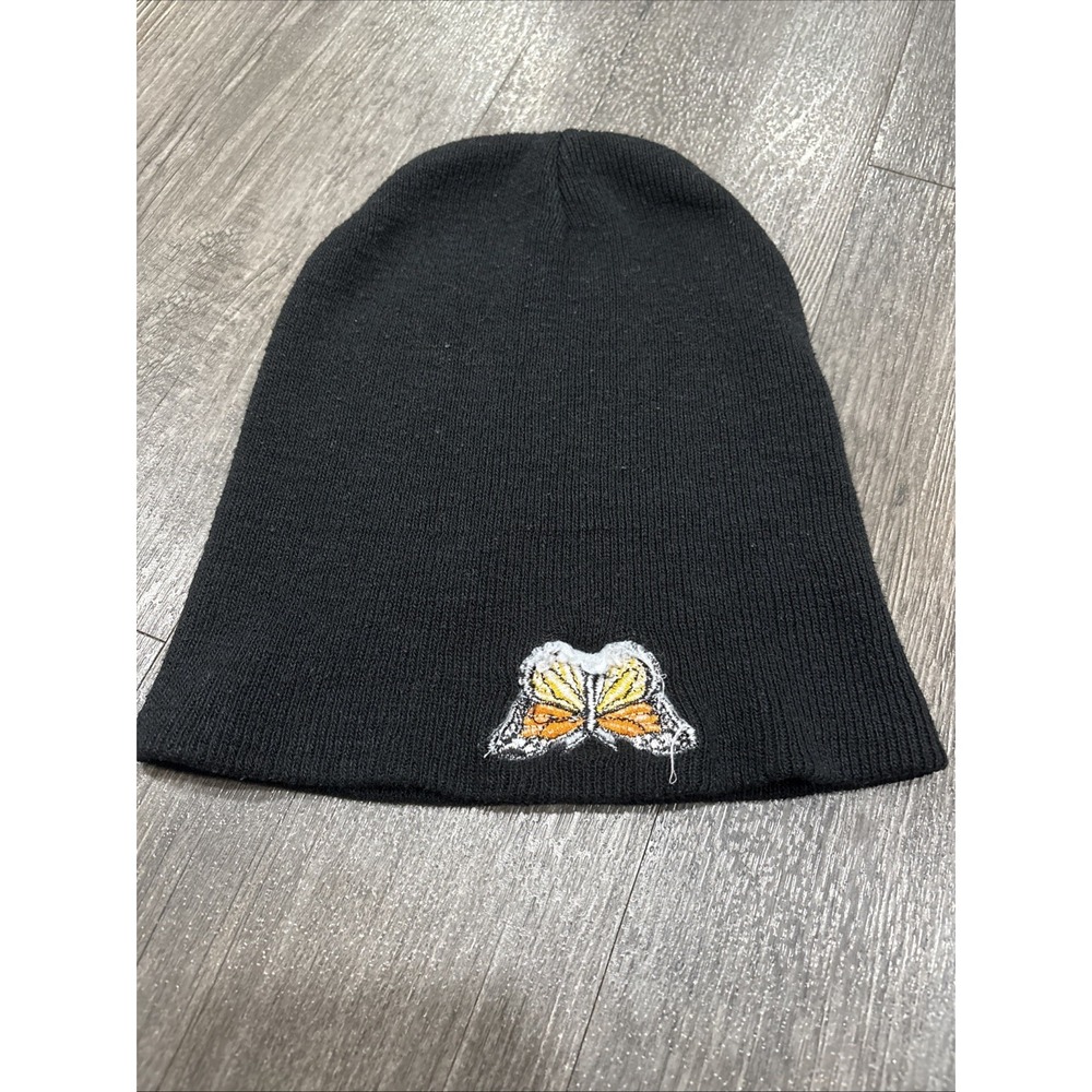 Black Butterfly Beanie Mens Knit Hat One Size Embroidered Butterfly Black